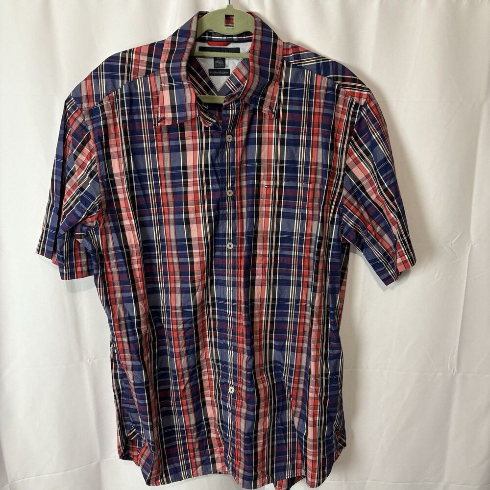 Tommy Hilfiger‎ Men’s Short Sleeve Button Down Shirt Red White Blue Plaid Preppy